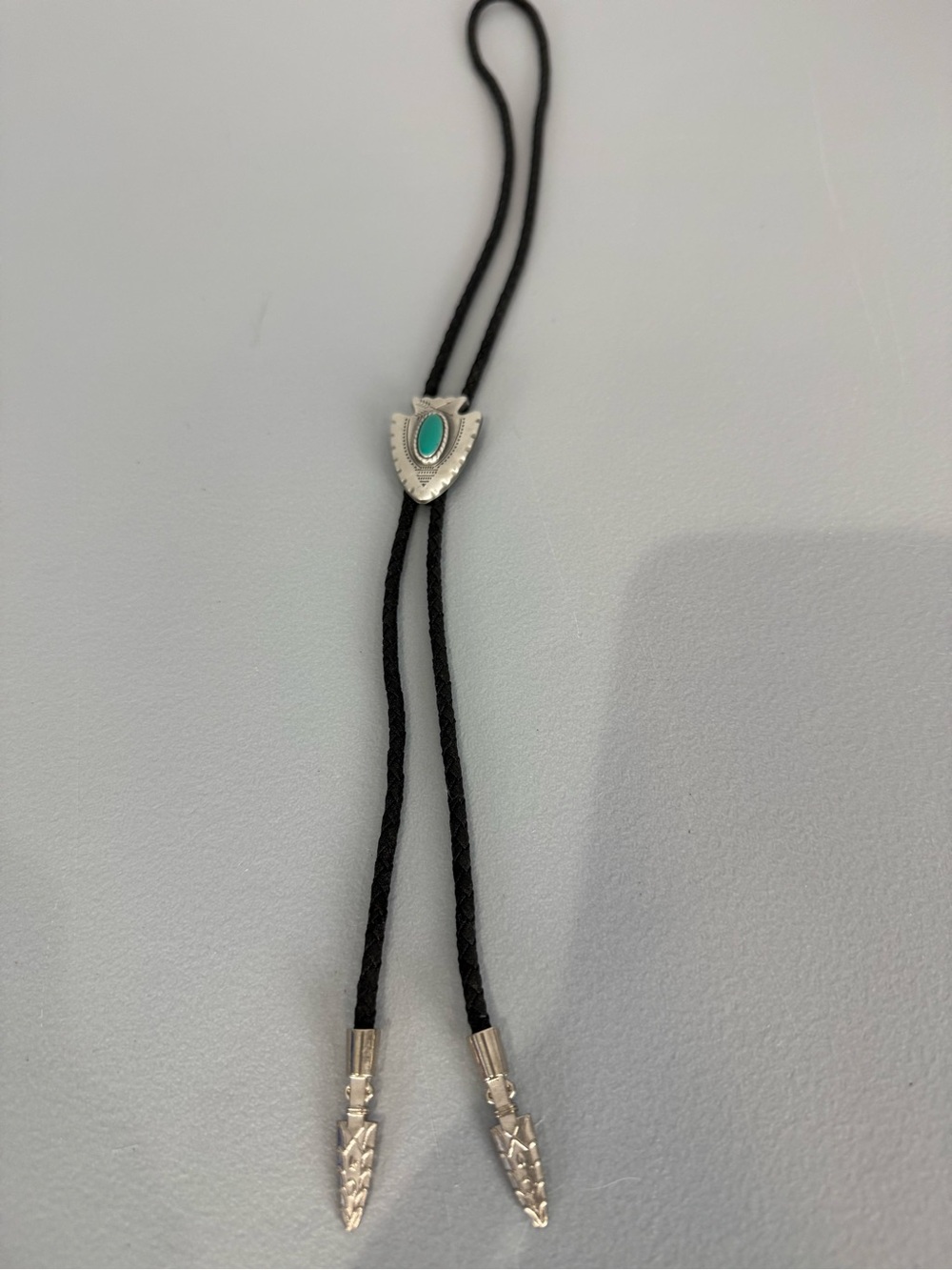 Men's Western Bolo Tie Black Leather Cord Silver Plated Arrowhead Turquoise Adj